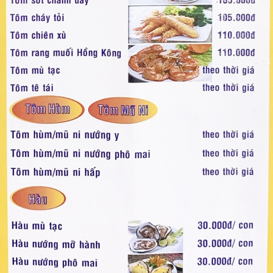 menu chi tiết các món tôm