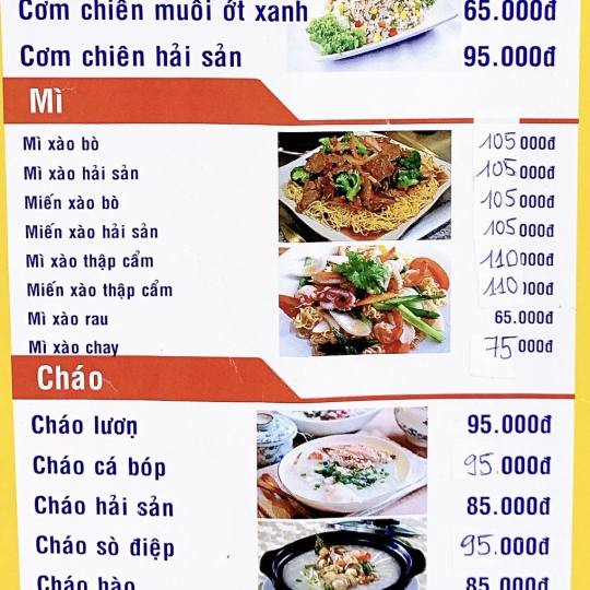 menu chi tiết các món cơm - mì - cháo